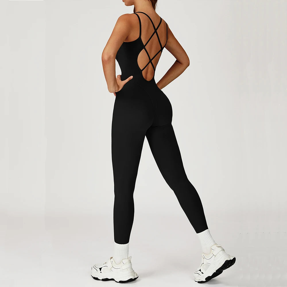 Women's Cross-Back Backless Fitness Jumpsuit