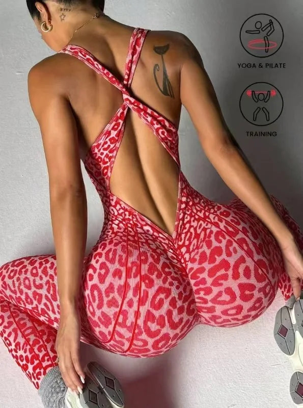 Leopard Seamless Workout Jumpsuit - Ribbed One-Piece Yoga Romper