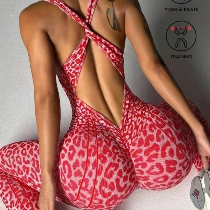 Leopard Seamless Workout Jumpsuit - Ribbed One-Piece Yoga Romper