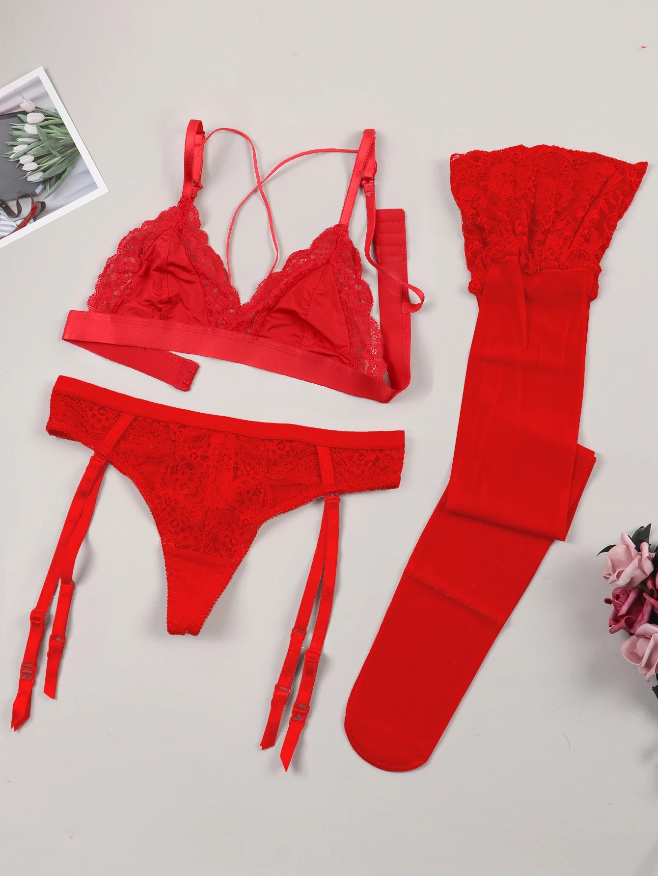 Varsbaby Lace Bra Sets for Women Non-padded Bra Panty Garter Stockings Summer Underwear Lingerie Sexy