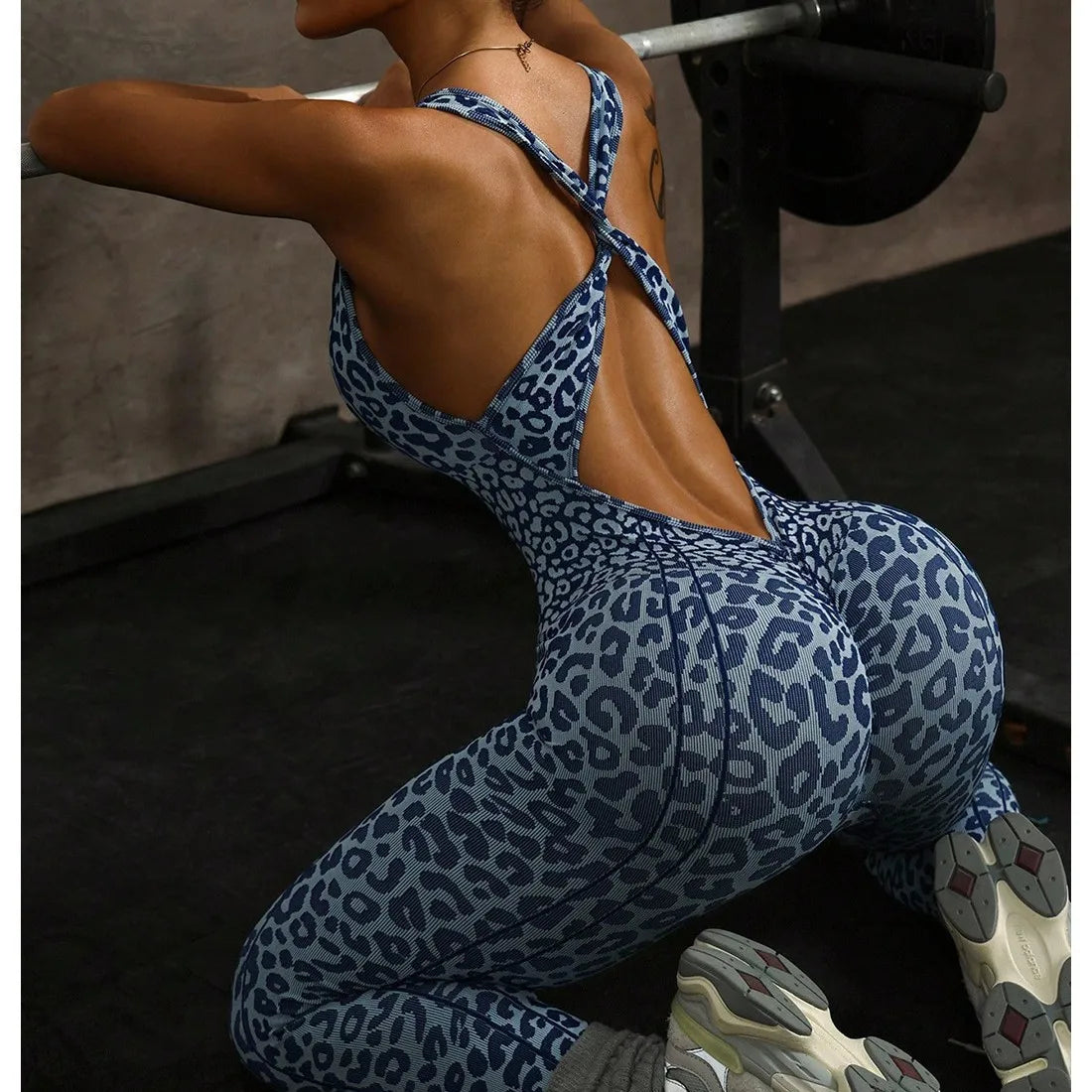 Leopard Seamless Workout Jumpsuit - Ribbed One-Piece Yoga Romper