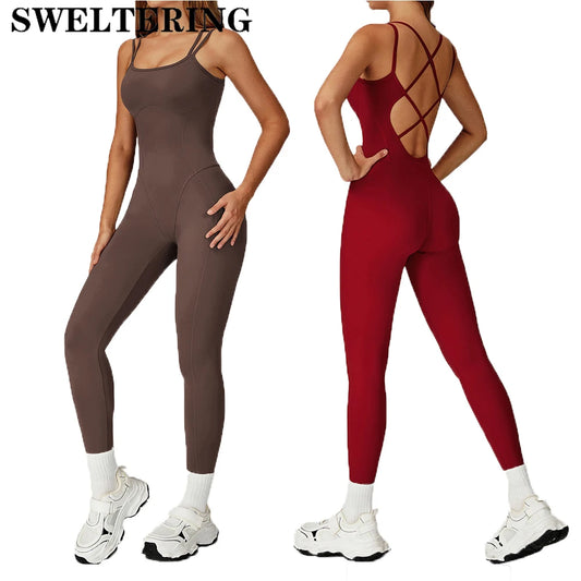 Women's Cross-Back Backless Fitness Jumpsuit