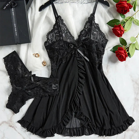 2-Piece Plus Size Triangle Panty Set Women's Night Dress Sensual Female Lingerie Curve Nightdress Transparent Underwear Briefs